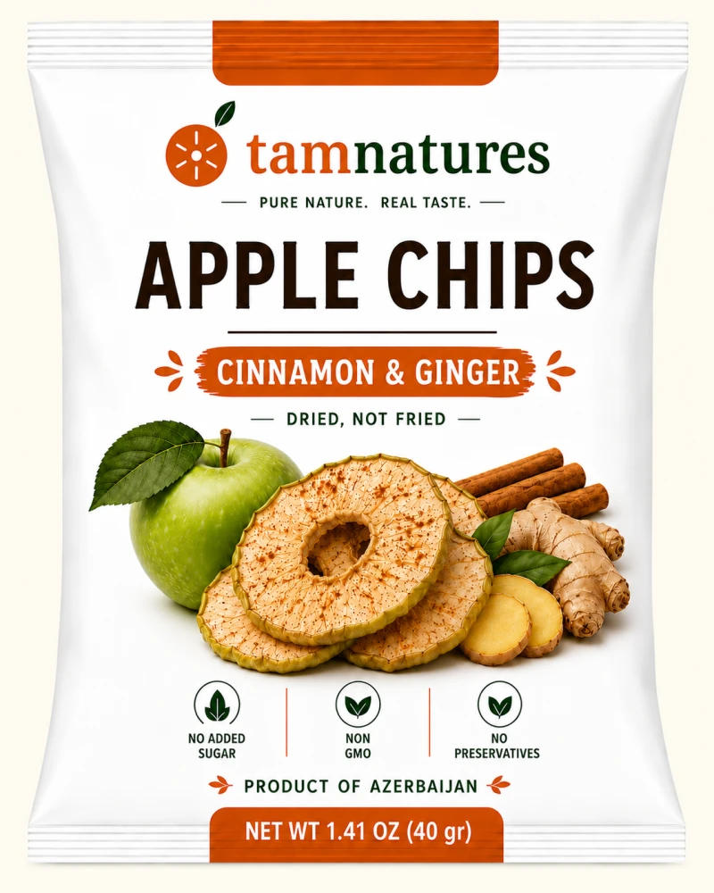 Tam Natures apple chips, cinnamon and ginger