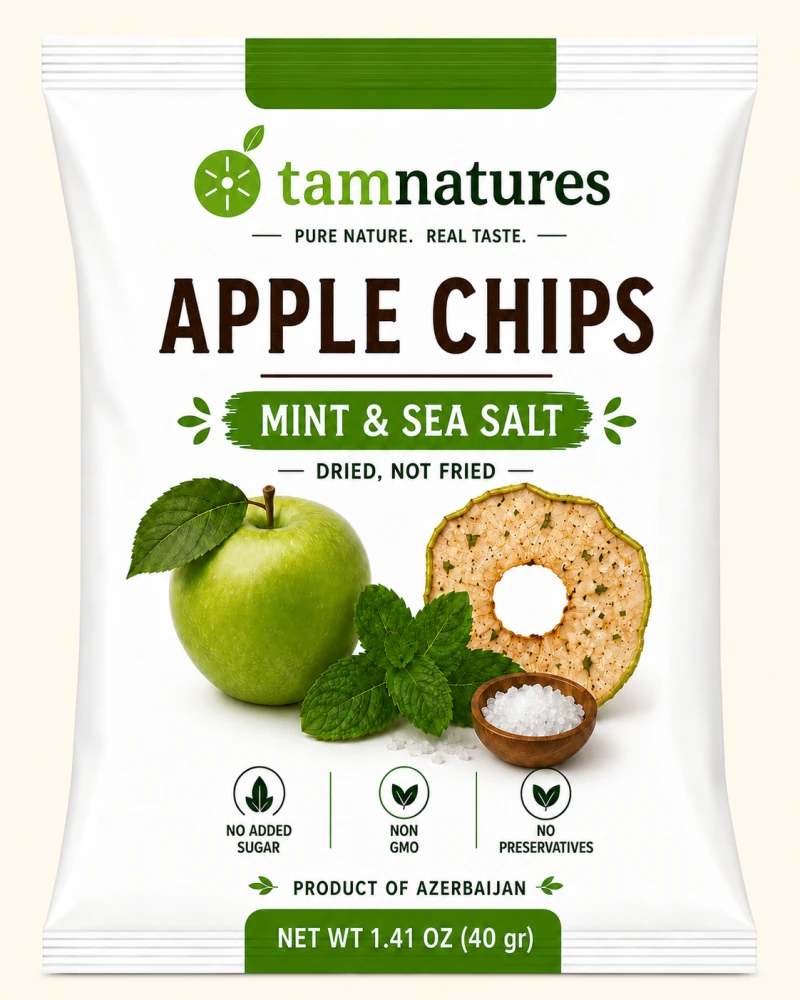 Tam Natures apple chips, mint and sea salt